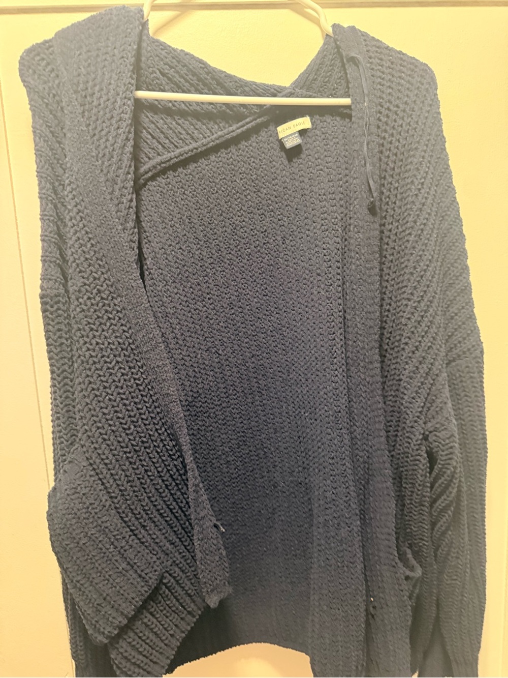 American Eagle Cozy Knit Open-Front Hooded Cardigan - Navy